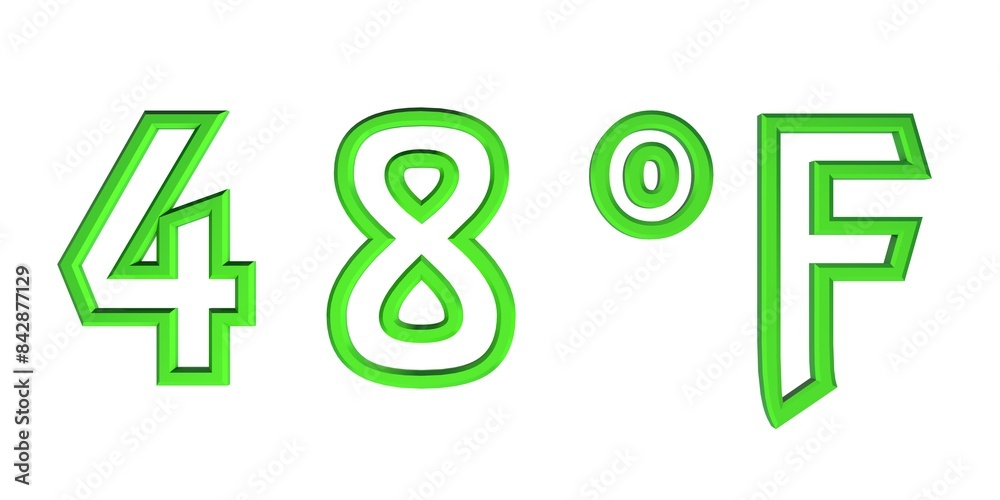 Green number forty eight with a Fahrenheit sign on a white background isolate. Temperature, weather, thermometer. Green number forty eight with a Fahrenheit sign on a white background isolate. Temperature, weather, thermometer.