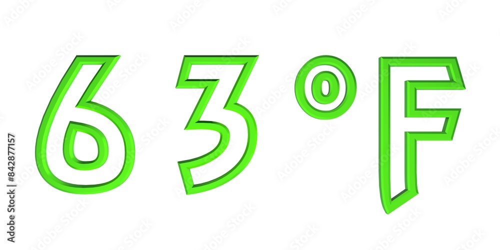 Green number sixty three with a Fahrenheit sign on a white background isolate. Temperature, weather, thermometer. Green number sixty three with a Fahrenheit sign on a white background isolate. Temperature, weather, thermometer.