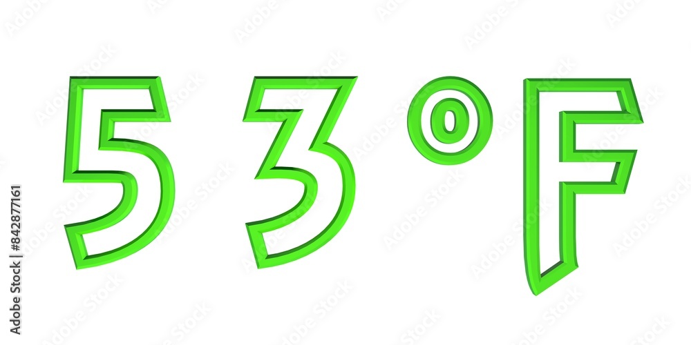 Green number fifty three with a Fahrenheit sign on a white background isolate. Temperature, weather, thermometer. Green number fifty three with a Fahrenheit sign on a white background isolate. Temperature, weather, thermometer.