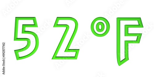 Green number fifty two with a Fahrenheit sign on a white background isolate. Temperature, weather, thermometer.