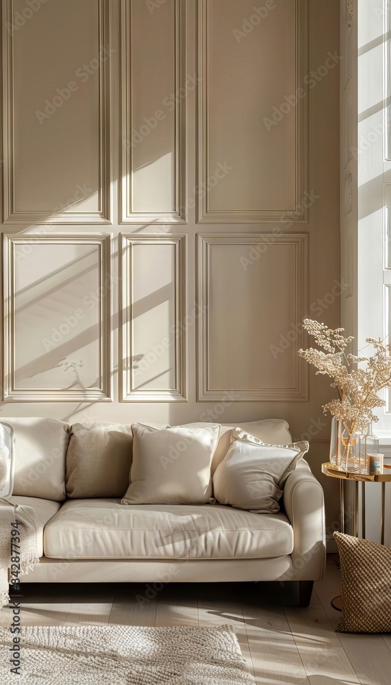 Fototapeta premium Beige living room interior with sofa and armchair, golden accessories, warm light from window on wall mock up background Home decor