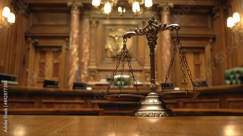 Close-up of scales of justice with a sword in the background, set against a courtroom scene, symbolizing balance, judgment, and the rule of law