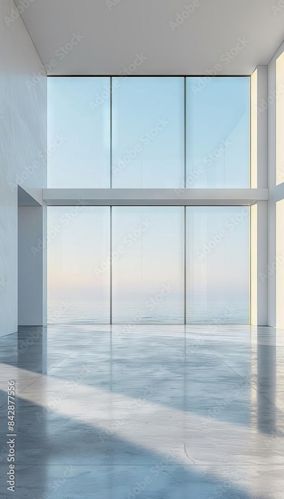 Fototapeta premium Empty white room interior with large windows and a concrete floor, white walls and a blue sky 3D rendering of a modern minimalist architecture concept