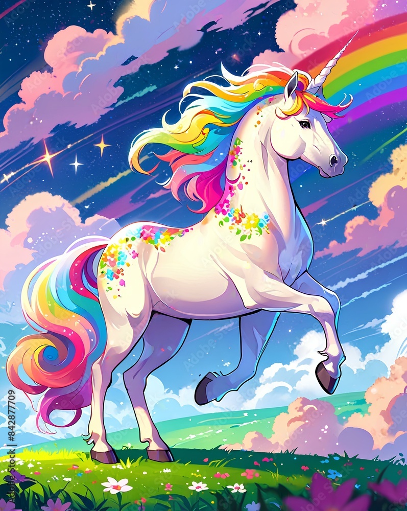 Fototapeta premium A dreamy pastel background of sparkling stars. In the foreground, a majestic rhino leaps gracefully, its brilliant white coat adorned with a rainbow-colored mane and tail. 