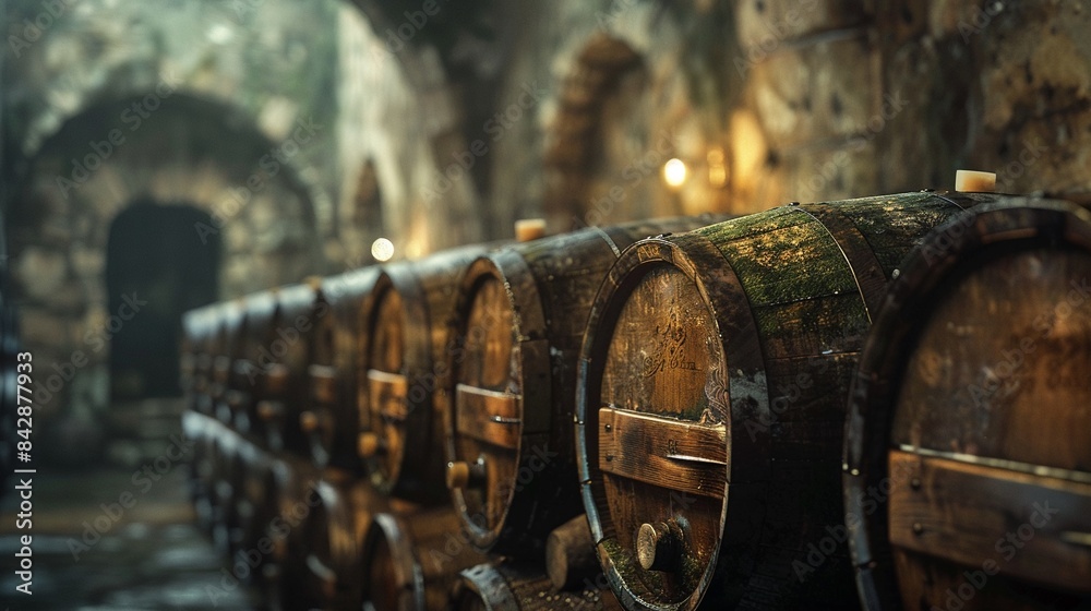 Old wine barrels aging in a dimly lit cellar, surrounded by mosscovered walls, Rustic, Photography, Warm Tones, High Detail 8K , high-resolution, ultra HD,up32K HD Old wine barrels aging in a dimly lit cellar, surrounded by mosscovered walls, Rustic, Photography, Warm Tones, High Detail 8K , high-resolution, ultra HD,up32K HD