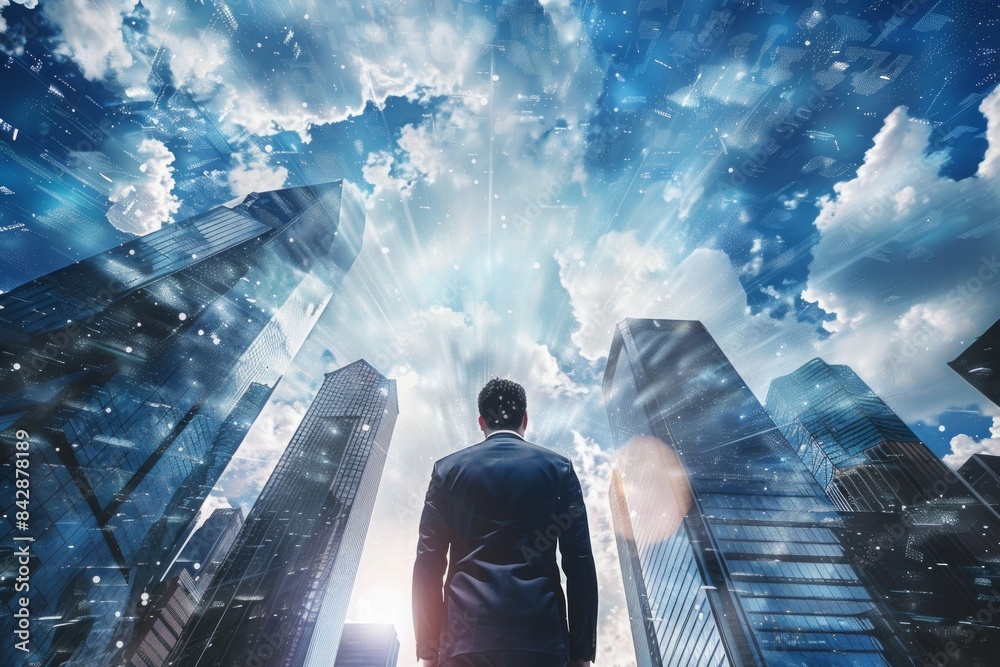 Fototapeta premium Rain falling while businessman gazing skyscrapers and sun shine