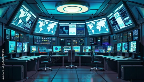 53 Cuttingedge 3D cartoon cybersecurity control room with virtual displays