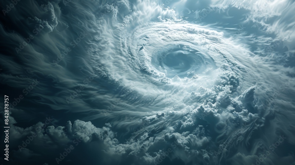 The tranquil center of a dangerous hurricane with bands of clouds swirling around it. The tranquil center of a dangerous hurricane with bands of clouds swirling around it.