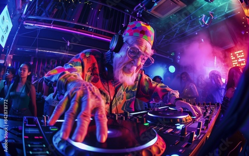 Old DJ mixing at a popular nightclub photo