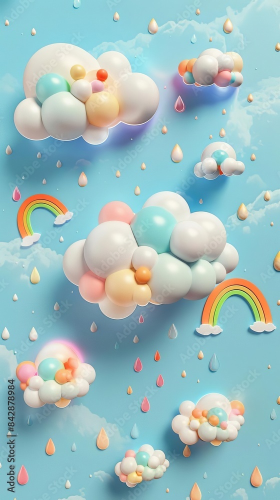 80 Whimsical 3D cartoon puffy clouds, rainbows, and raindrops for weather 80 Whimsical 3D cartoon puffy clouds, rainbows, and raindrops for weather