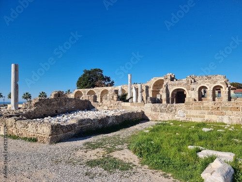 Side, Turkiye, romans antique ruins in Side near the mediterranean sea under blue sky