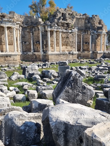 Side, Turkiye, ancient ruins of romans with pillars, stones on the open air