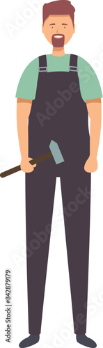 Smiling construction worker is holding a hammer, ready to start his workday