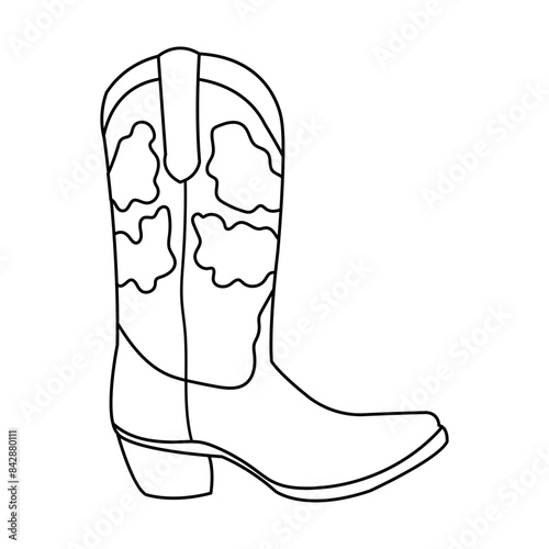 a black and white illustration of a cowboy boot. a Coloring page with a western style shoe. Wild west clipart.