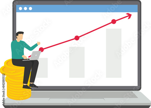 Positive tiny woman investing in startups online via laptop isolated flat vector illustration. Cartoon character trading on global market. Finance service and digital technology concept

