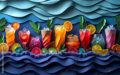 Refreshing summer drinks with ocean-inspired paper art photo