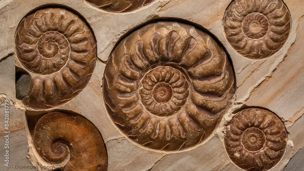 multiple ammonite fossils embedded in a slab of limestone, natural patterns and symmetry, archaeological finds
