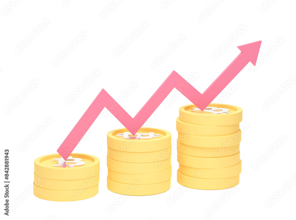 Arrow growth and coin bitcoin stacks isolated on transparent background. 3d render illustration. Arrow growth and coin bitcoin stacks isolated on transparent background. 3d render illustration.