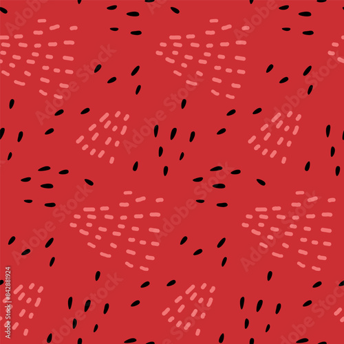 Seamless Seeds pattern. Hand drawn doodle sketch Small sesame, strawberry, watermelon seeds on red background. Vector illustration. Repeated background for wallpaper, wrapping, packing, textile