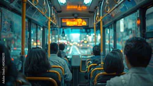 Evening city bus with passengers traveling through illuminated streets. Captured from behind, showcasing the urban night life and public transport.