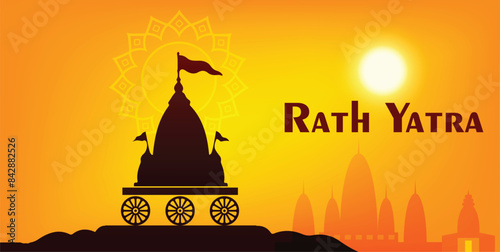 happy Rath Yatra Lord Jagannath festival of odisa India temple on sunset background vector poster