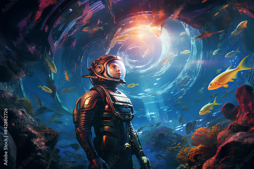 An underwater astronaut navigates the depths of a futuristic submarine, encountering mysterious sea creatures on a cosmic journey An underwater astronaut navigates the depths of a futuristic submarine, encountering mysterious sea creatures on a cosmic journey