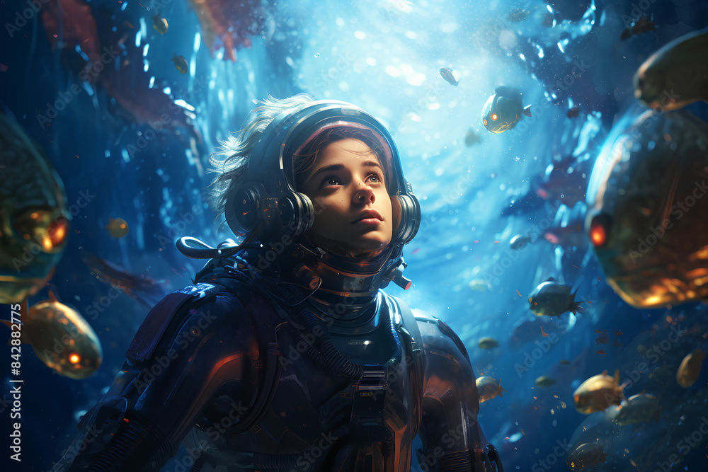 An underwater astronaut navigates the depths of a futuristic submarine, encountering mysterious sea creatures on a cosmic journey An underwater astronaut navigates the depths of a futuristic submarine, encountering mysterious sea creatures on a cosmic journey
