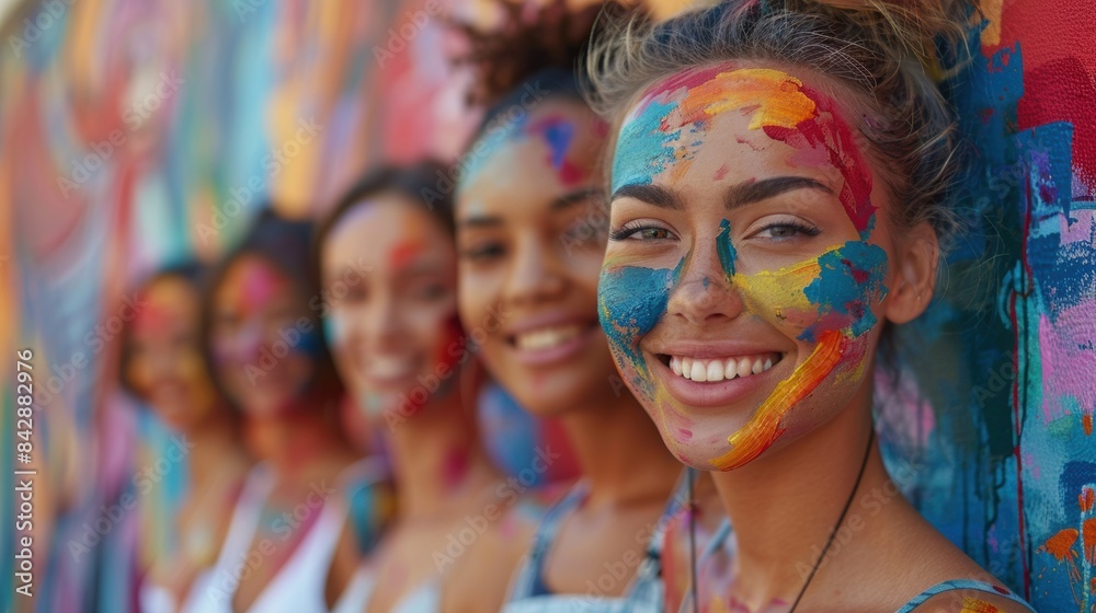 Happy friends with paint-splattered faces, celebrating at a lively event with a colorful, artistic background. Happy friends with paint-splattered faces, celebrating at a lively event with a colorful, artistic background.