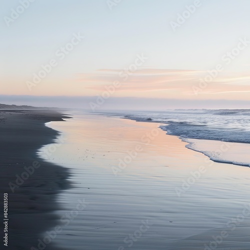 A serene beach at dawn, the first light of the day reflecting off the calm waters, peaceful and quiet atmosphere, photography captured with a Sony A © Janejira