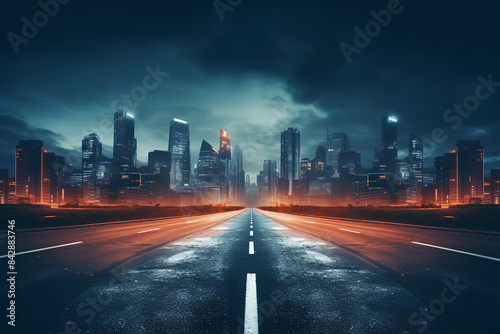 asphalt road leading into the city at night