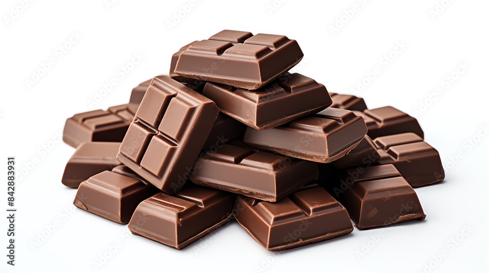 A pile of milk chocolate bars, isolated on a white background.