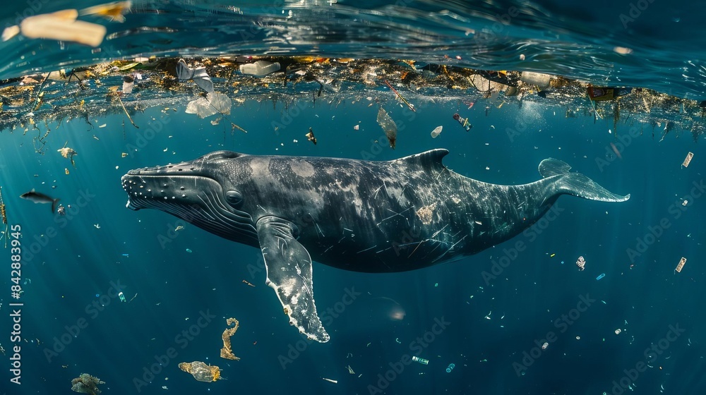 Naklejka premium A whale swimming through an ocean filled with floating refuse, highlighting the environmental pollution crisis, isolated against a deep blue sea background, copy space