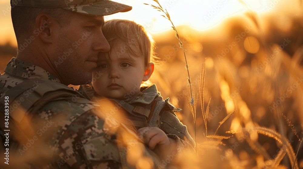 Army dad holding his young child in a field of tall grass at sunset ...