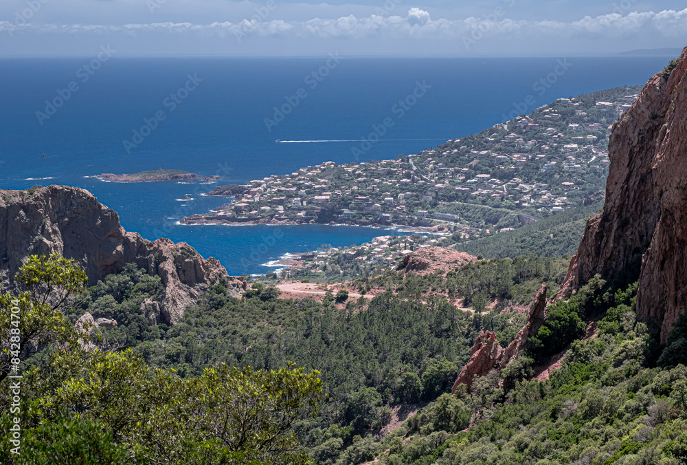 Massif de l'Esterel, a volcanic mountain range on the Mediterranean Sea coast on the French Riviera, located near Cannes on the east and Saint-Rafael on the west, France