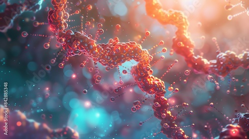 Abstract glowing Hemoglobin DNA strands with vibrant colors and bokeh light effects blending into a beautiful nature-inspired background. photo