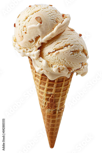 Close-up of a delicious vanilla ice cream cone with two scoops on a white background, transparent background
