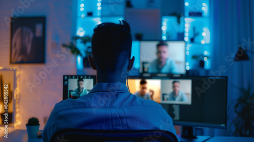 a photo of a male sitting in-front of a computer participating in a video-call, the setting is in a office the year of 2021 --ar 16:9