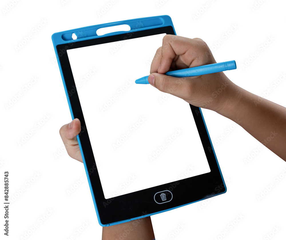 child hand drawing on tablet blank screen with pencil isolated on transparent background. PNG File child hand drawing on tablet blank screen with pencil isolated on transparent background. PNG File