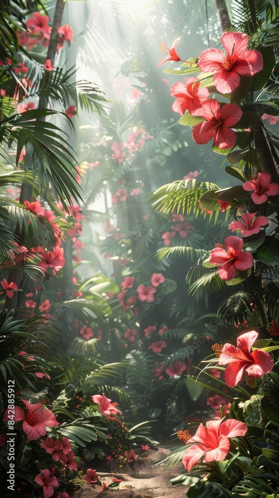 A tropical rainforest teeming with exotic plants and vivid flowers. A tropical rainforest teeming with exotic plants and vivid flowers.