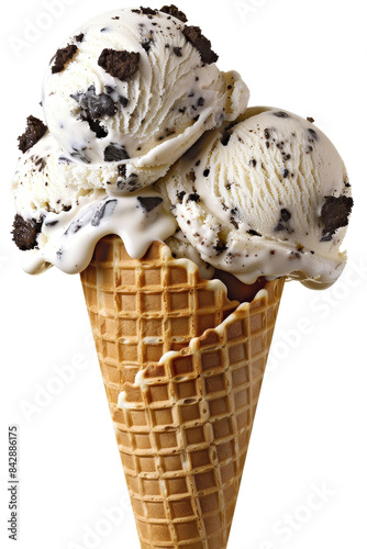 Delicious Oreo ice cream scoops placed in a crispy waffle cone, transparent background
