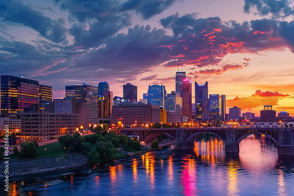 Naklejka premium Dramatic twilight hues illuminate the cityscape.