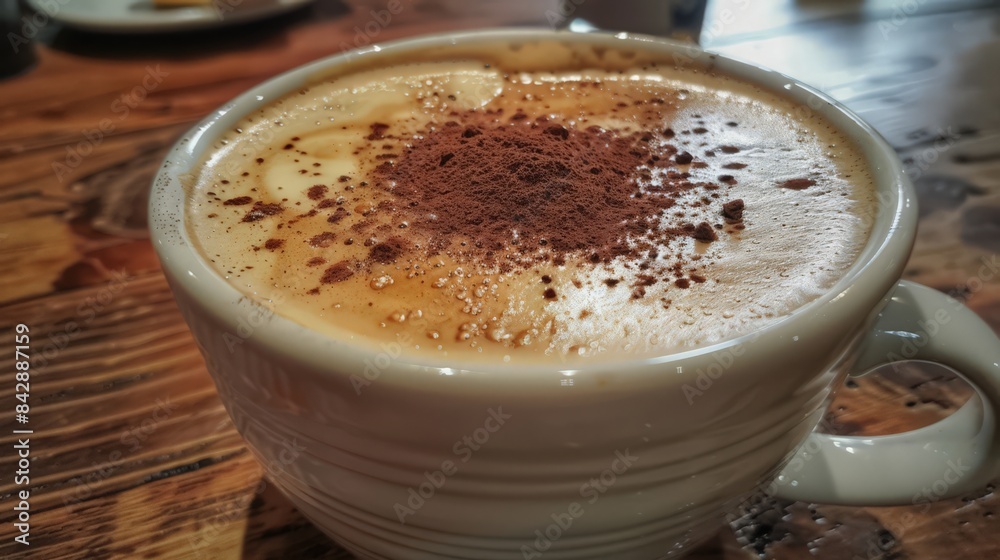 A beautifully crafted cappuccino, topped with a delicate dusting of cocoa powder.