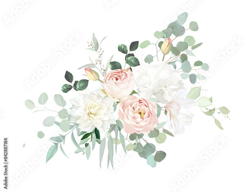 Pale pink and dusty beige rose, white dahlia, magnolia, mint eucalyptus, greenery vector design floral bouquet. Classic wedding sage, blush and beige flowers. All elements are isolated and editable photo