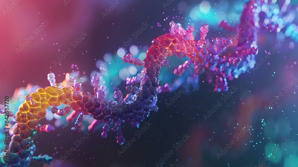 Colorful, detailed 3D rendering of a Uracil DNA strand on a vibrant background showcasing molecular biology and genetics concepts. Colorful, detailed 3D rendering of a Uracil DNA strand on a vibrant background showcasing molecular biology and genetics concepts.