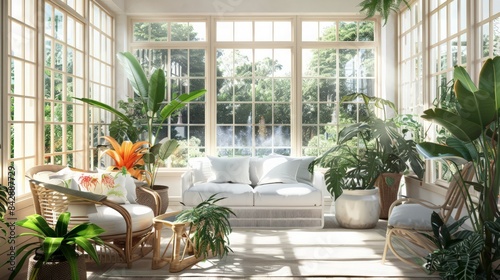 A bright and airy sunroom with large windows, comfortable seating, and lots of plants. © Thirawat