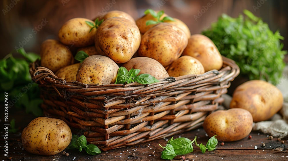 Freshly harvested potatoes arranged in a wicker basket Freshly harvested potatoes arranged in a wicker basket