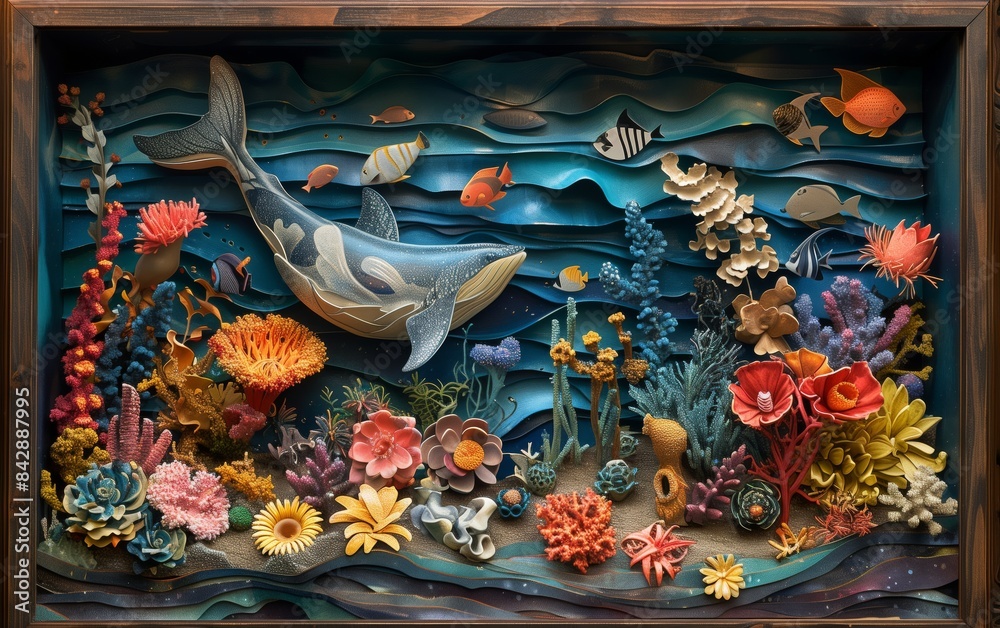 Naklejka premium Whale and fish in a colorful paper cut underwater scene