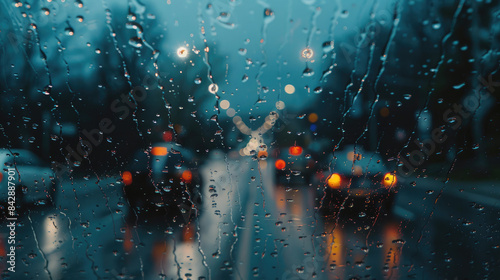 Urban Traffic Seen Through Rain-Speckled Car Windshield