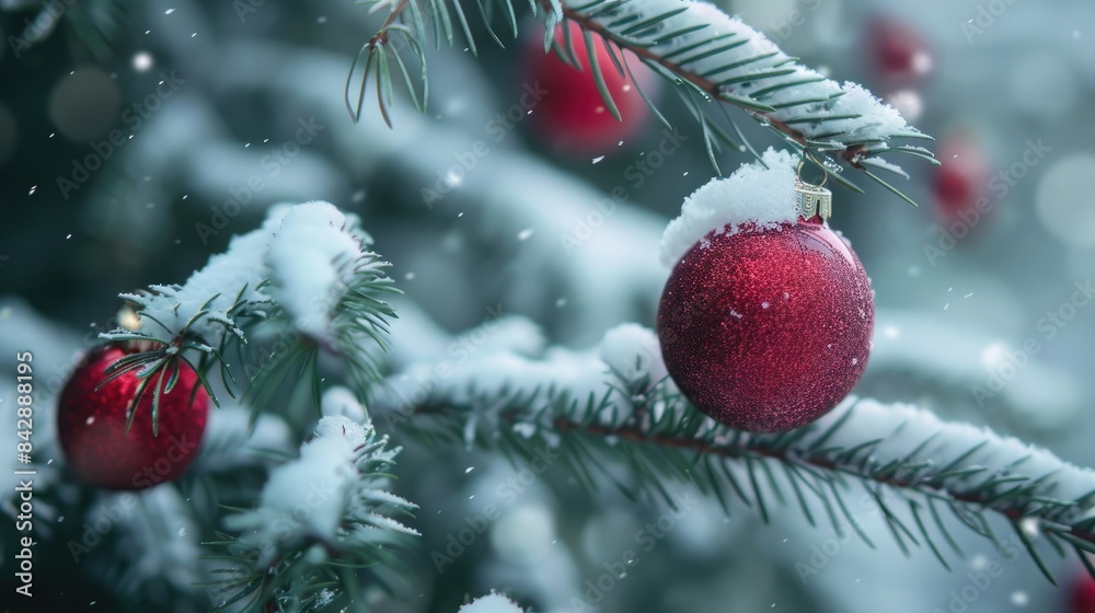 Christmas ornaments on a snowy pine tree.