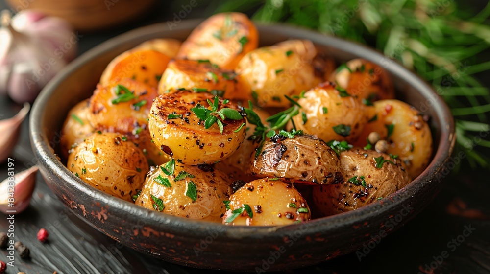 Front shot of a small potatoes cooked with fresh herbs, garlic, and butter in a rustic pan Front shot of a small potatoes cooked with fresh herbs, garlic, and butter in a rustic pan
